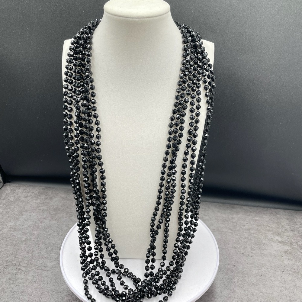 Vintage Multi-Strand Black Faceted Gold-Tone Lobster Beaded Necklace - Size 17"